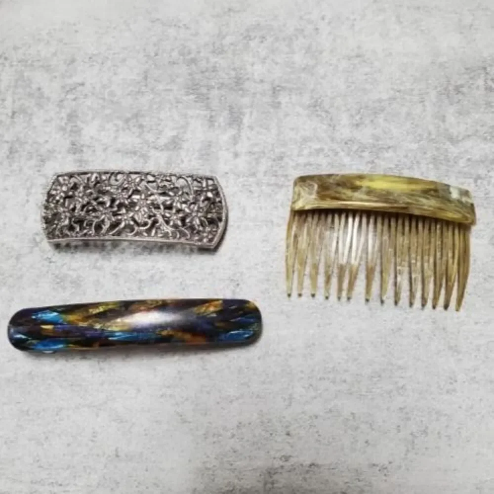 VTG Made in France Modele Depose Mixed Set of 3 Hair Barrette Clips & Comb